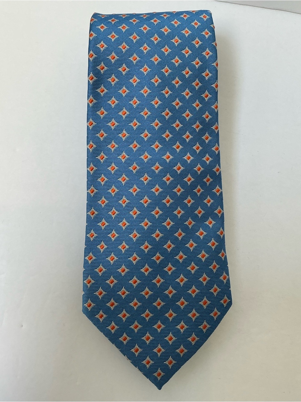Robert Jensen Blue and Orange Geometric Print, Silk, Made in Italy necktie